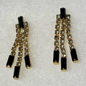 Elegant Gold and Black Dangle Earrings with White Rhinestones